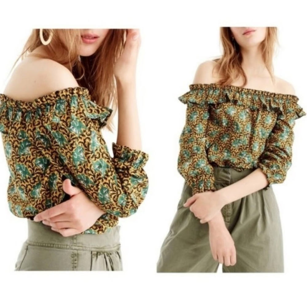 J.Crew Ratti Elephant Print Ruffle Off-the-Shoulder Blouse - Picture 2 of 5